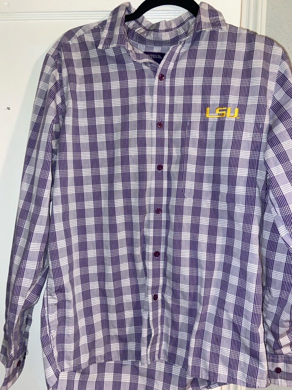 Antigua Purple Plaid Button-Down Shirt with Yellow Embroidery
